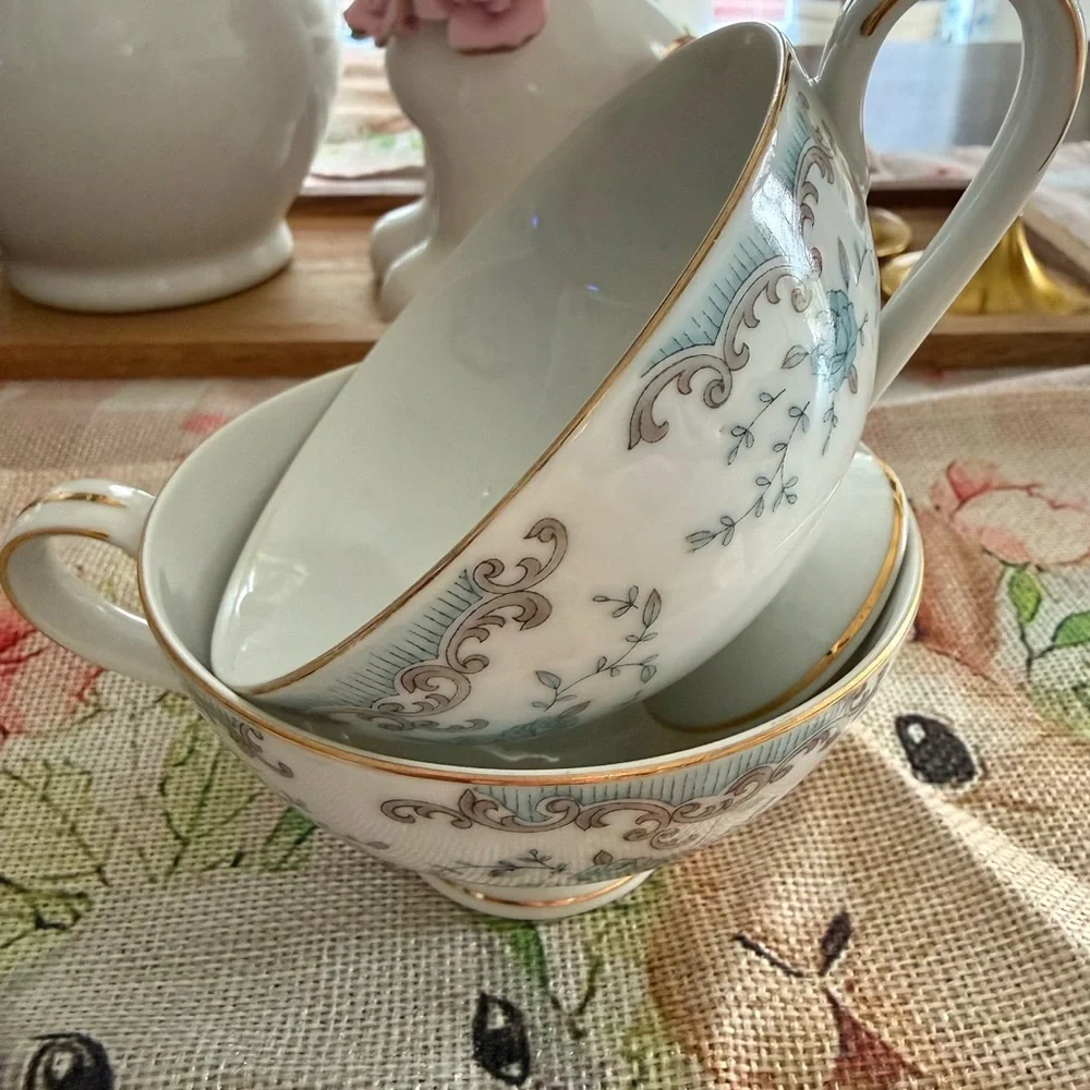 Vintage Floral Teacup & Bowl Set Blue Roses Gold Trim Cottagecore
